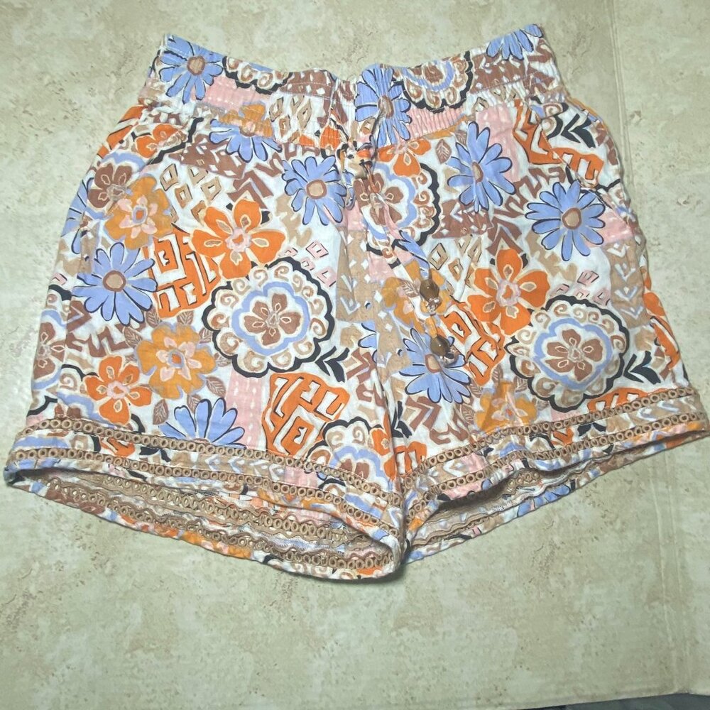 Nicole Miller Floral & Geometric Print Linen Shorts L With Beaded Drawstring & C